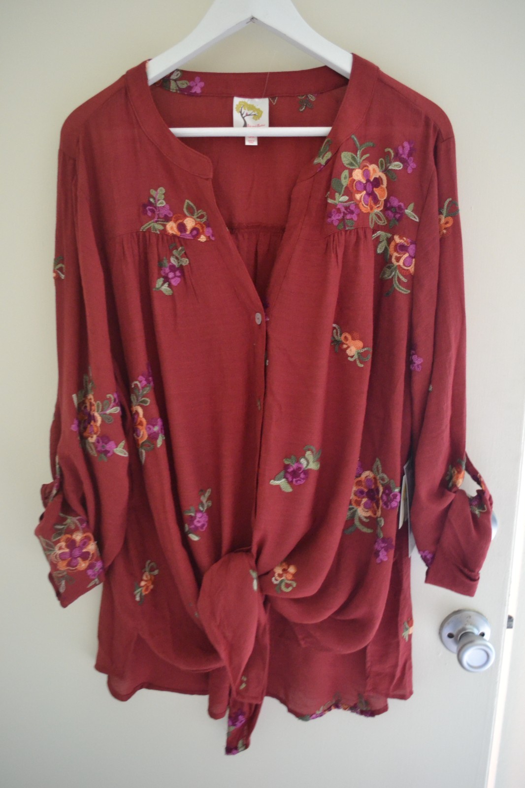 NWT Fig and Flower Blouse Top Shirt Silky Burgundy Rayon Blend Plus Size 2X