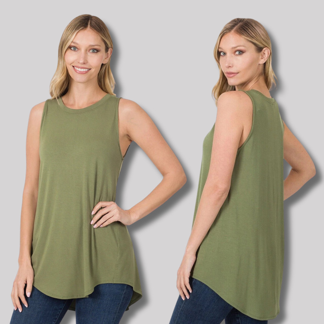 1X 2X 3X Women Round Neck Sleeveless Long Tank Top Luxe Rayon Tunic High Low Hem