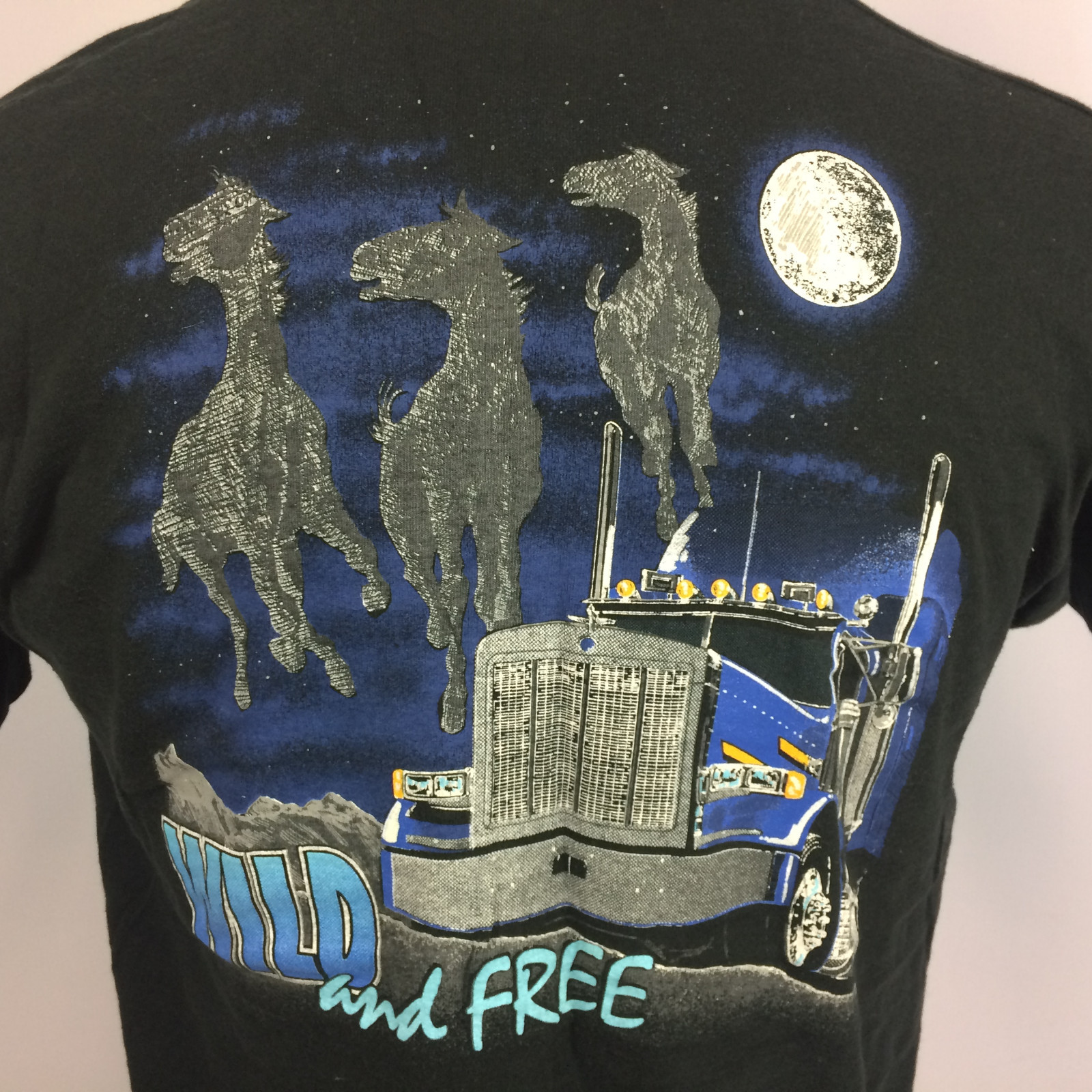 Vintage 80s 90s Black Trucker Motorcycle Horse Moon Distressed Pocket T Shirt