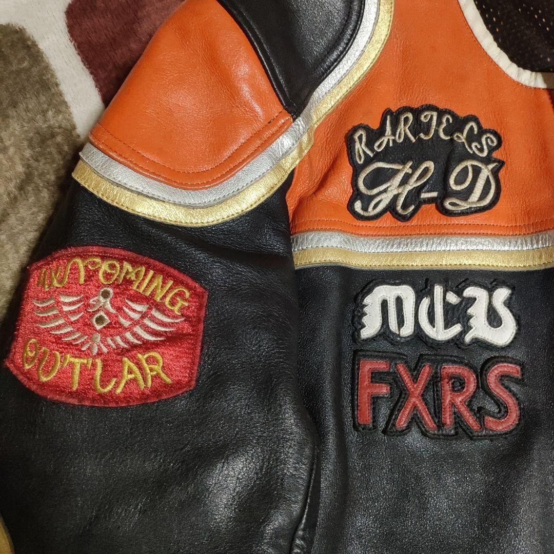 HARLEY DAVIDSON Marlboro Man Leather Jacket Black Orange Biker Mens
