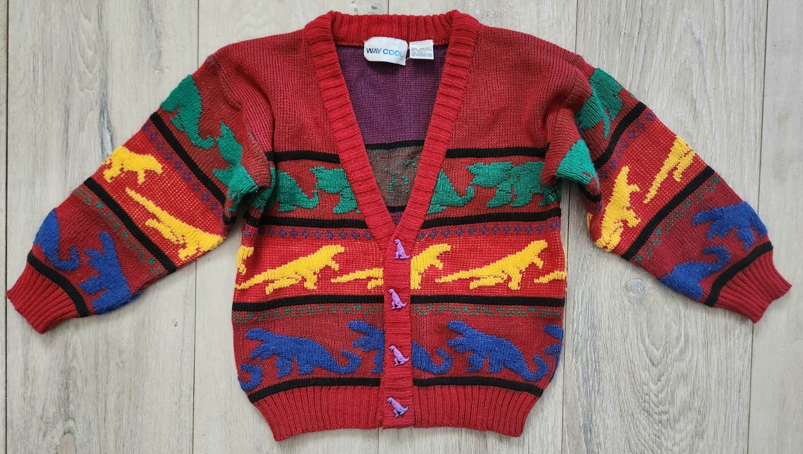 WAY COOL Kids Dinosaur Long Sleeve Knit Cardigan Multi Dino Buttons Size L (7)