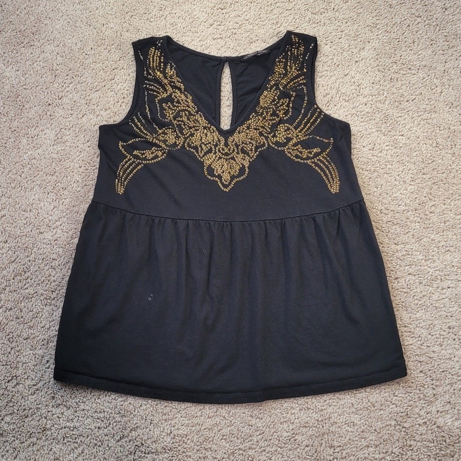 Victoria’s Secret Y2K Black Gold Embellished Blouse Deep V Babydoll Rocker M