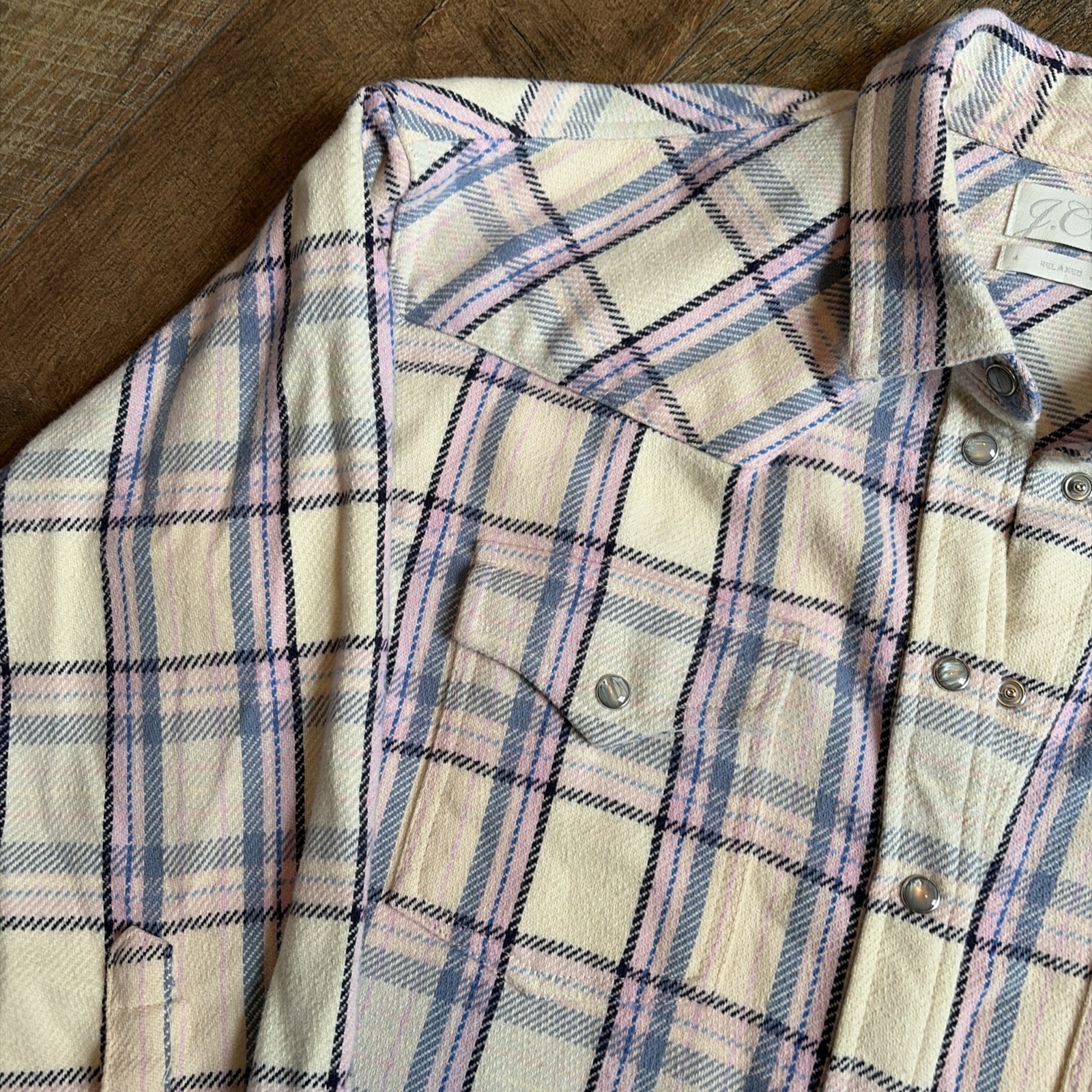 J Crew | 100% Cotton ‘Relaxed Fit’ Blue & Pink Plaid Pearl Snap Oversize Flannel