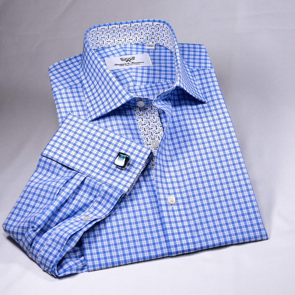 Light Blue Checkered Formal Business Shirt With Floral Inner Lining Top Quality