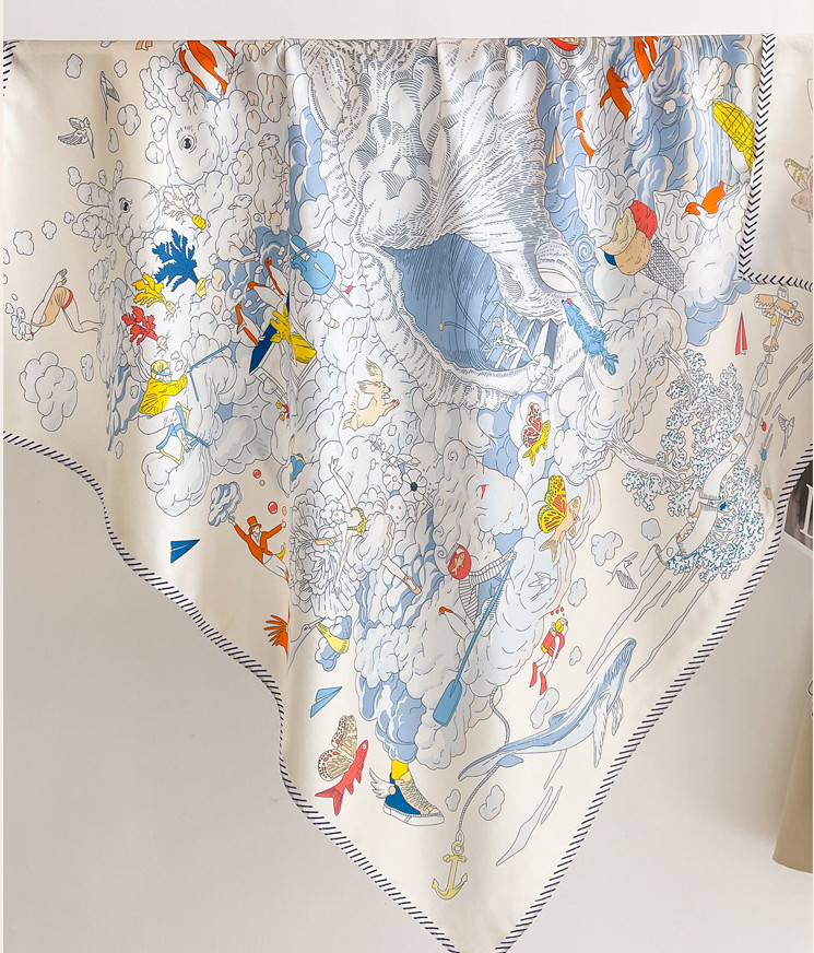 100% Mulberry Silk Neckerchief Scarf Shawl 35” Blue sky Print Bandana Wrap new