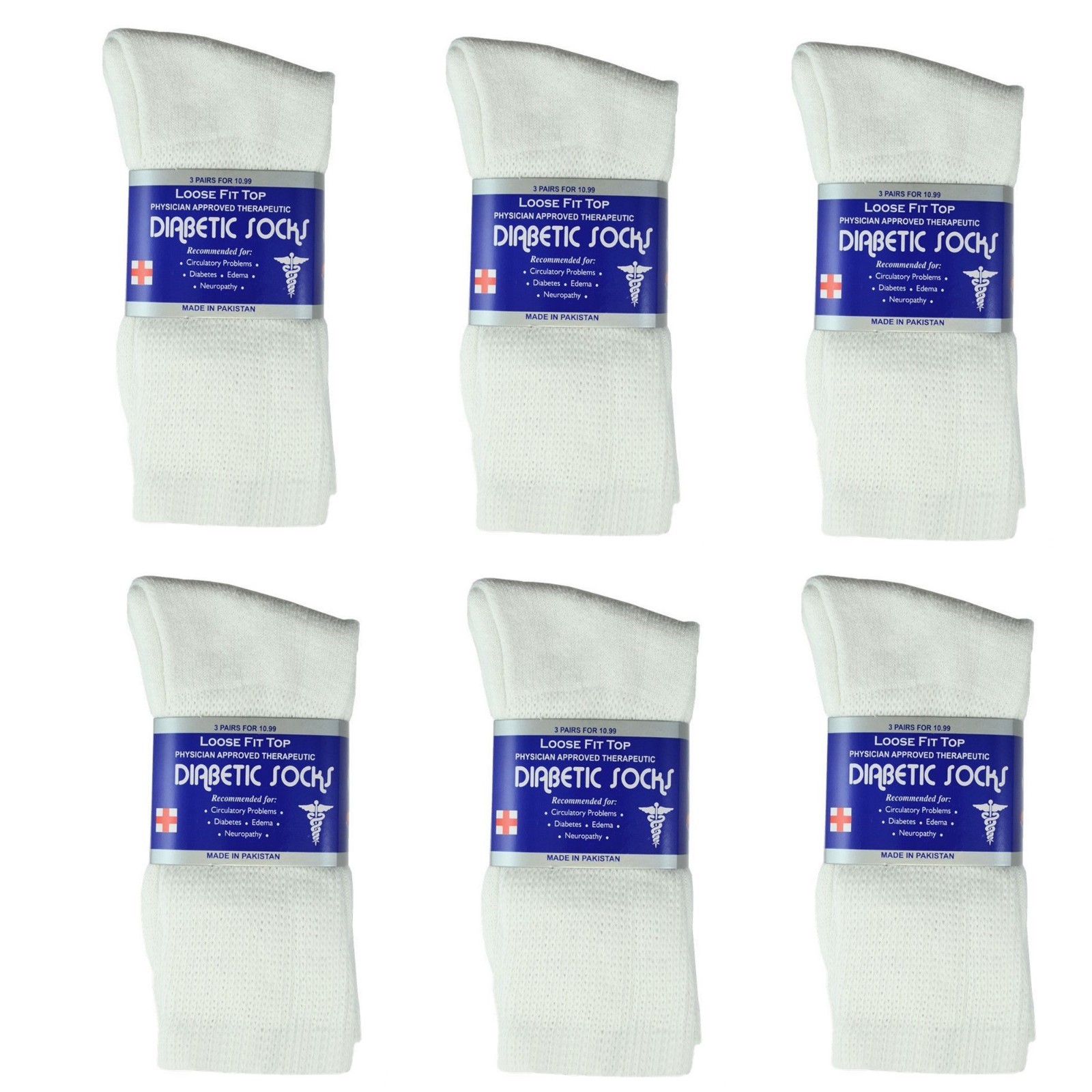 New Diabetic Crew Socks Circulatory Health Cotton Loose Fit Top 6 Pairs