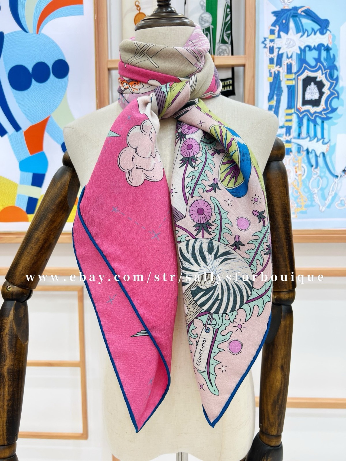 Sallys 70% Cashmere & 30% Silk Wrap Scarf Boat Print Double Face Shawl 53″ Pink