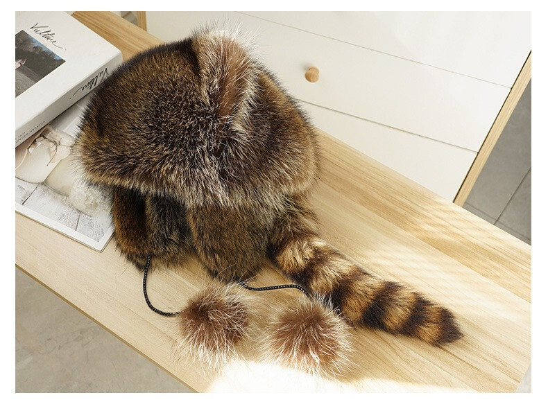 1pcs Adult Real Raccoon Fur Hat Trapper Hat Russian Hat Ushanka Ski Hunter Hat