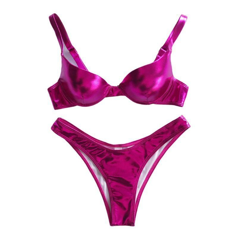Women Sexy Bikini Reflective Shiny Metallic Swimsuit Push Up Underwire Beachwear