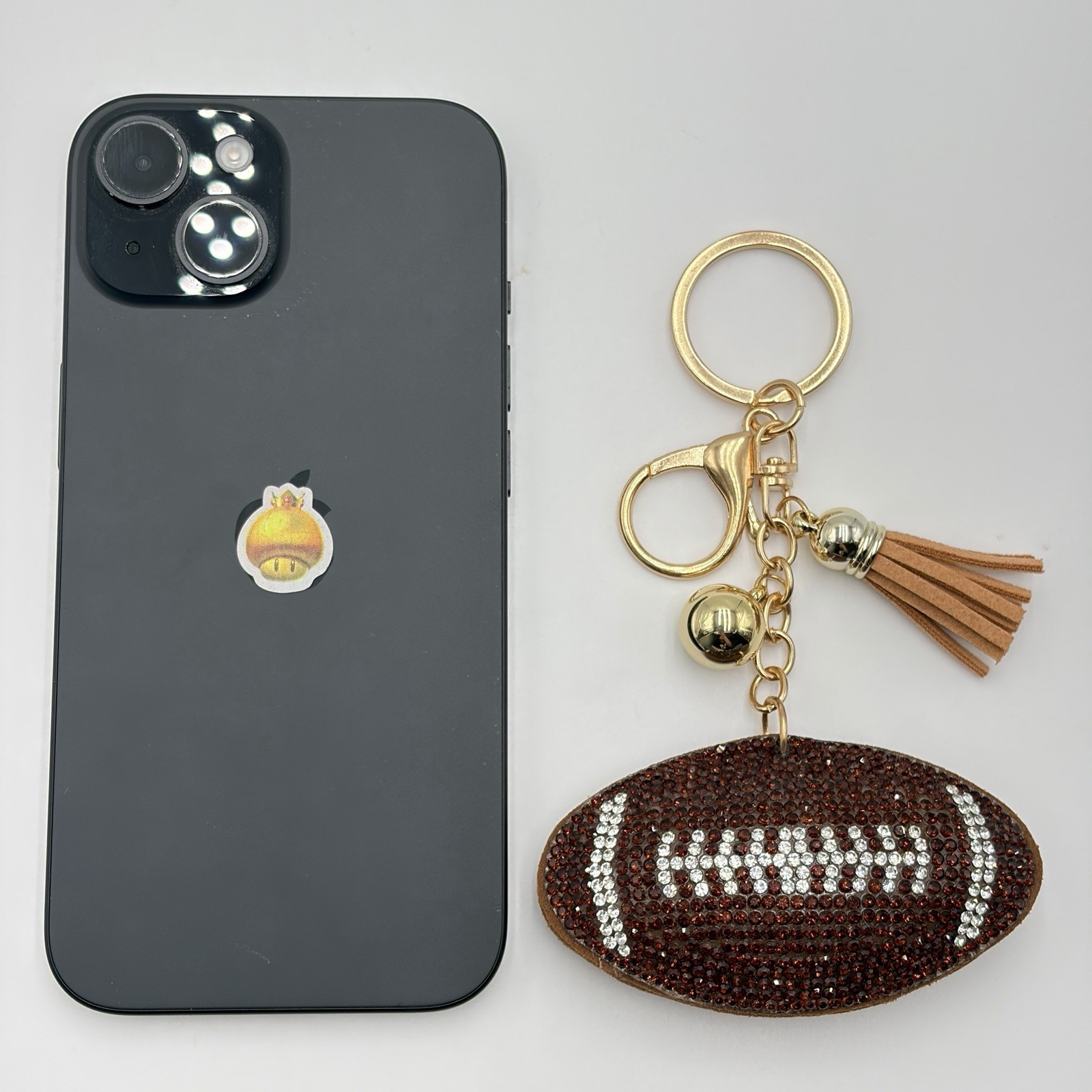 Football Rhinestone Bag Charm Keychain Sports Fan Gift Tassel Box Brown