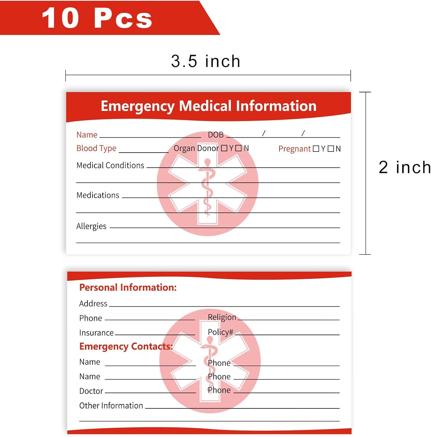 10 Pcs Emergency Medical Information ID Card Emergency Contact ID Cards Medical