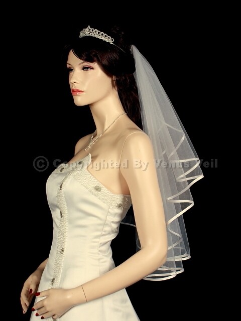 1T Ivory Elbow Length Ribbon Edge Center Cascade Bridal Wedding Veil