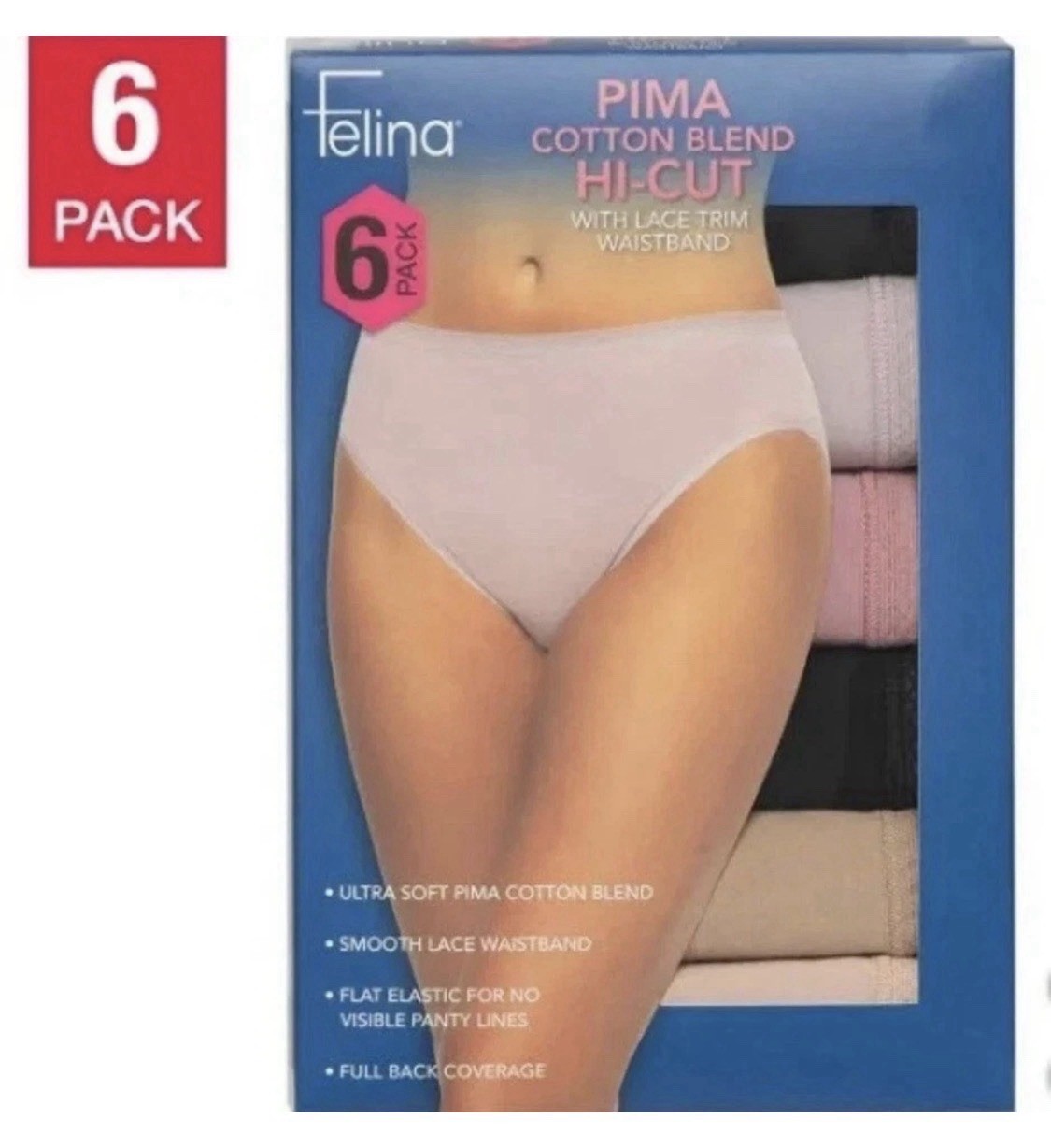NEW Felina Pima Women’s Cotton Blend Hi Cut Lace Trim Waistband Underwear 6 Pk
