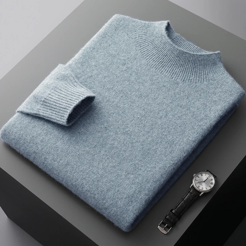 Autumn Winter Men’s Wool Pullover Basic Mock Neck Sweater Soft Warm Cashmere Jum