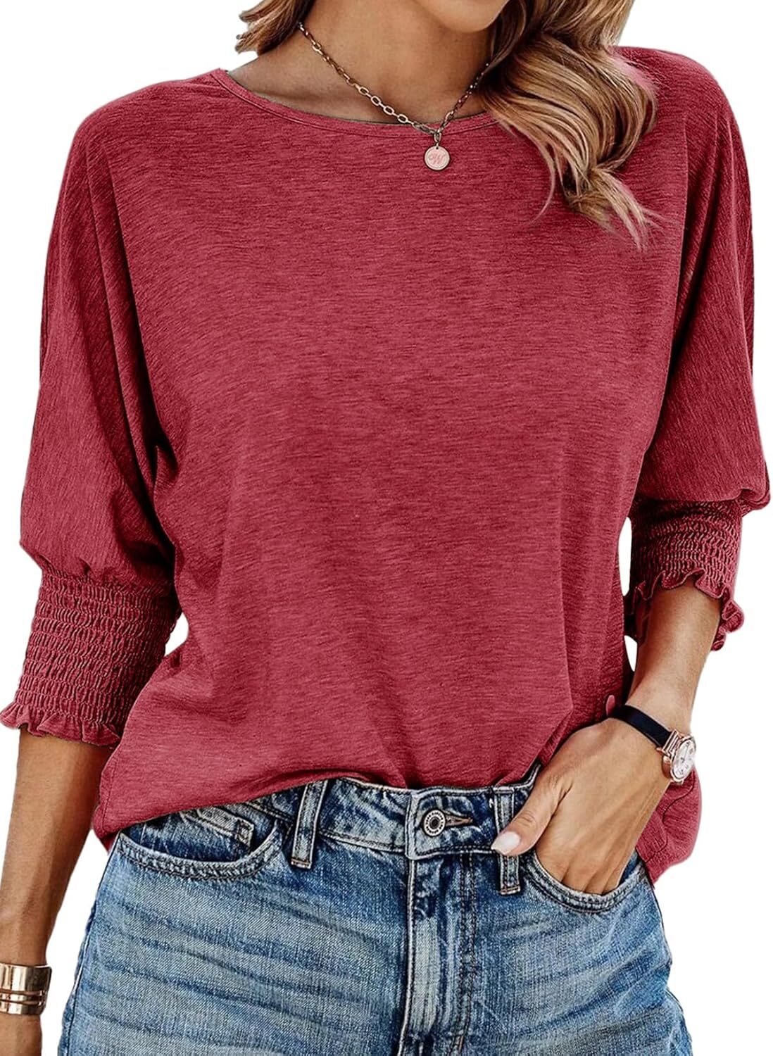 Women’s 3/4 Sleeve Crewneck T-Shirt Casual Loose Fit Soft Basic Blouse Top