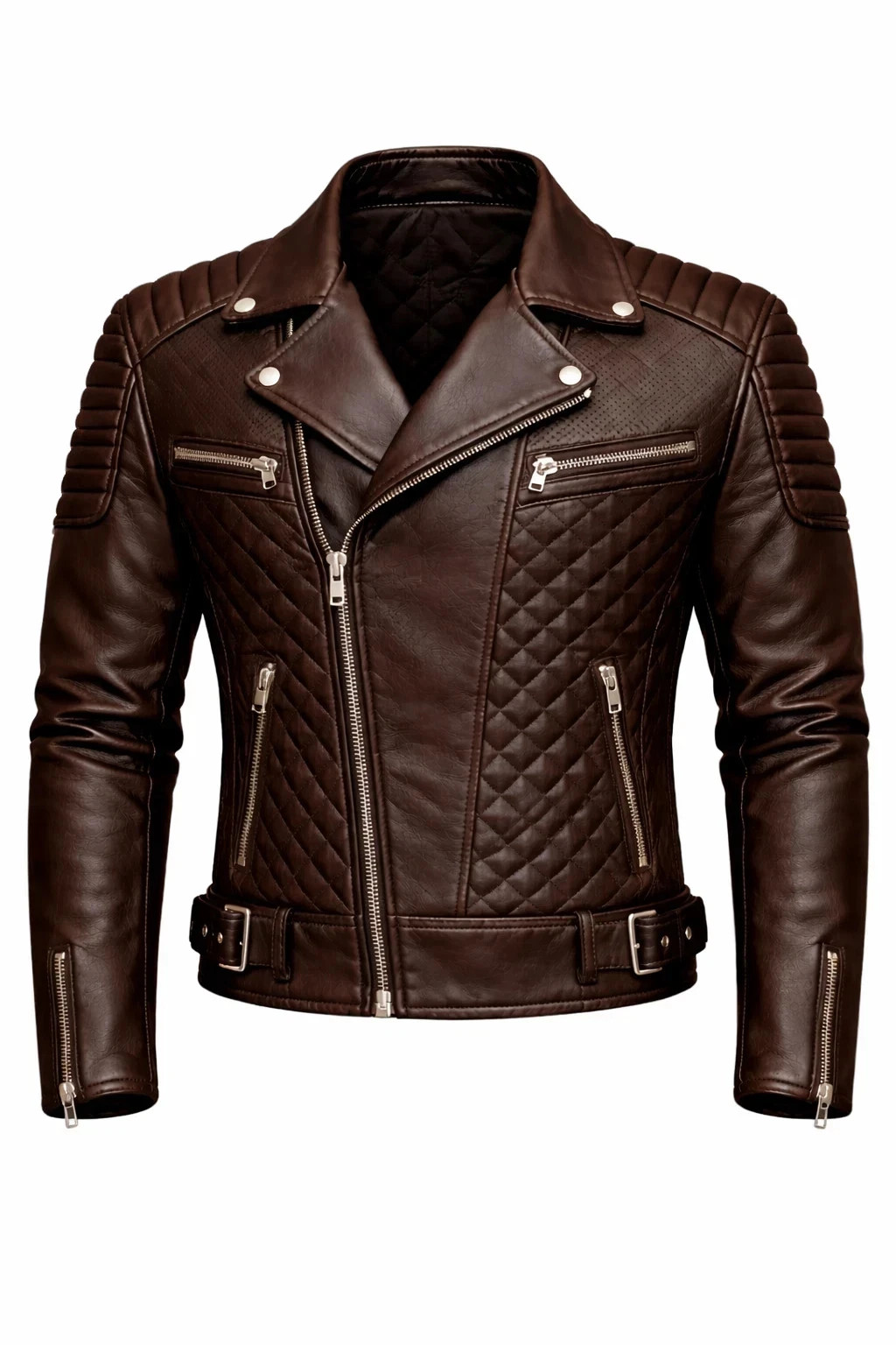 Men’s Dark Brown Genuine Leather Biker Jacket Quilted Handmade
