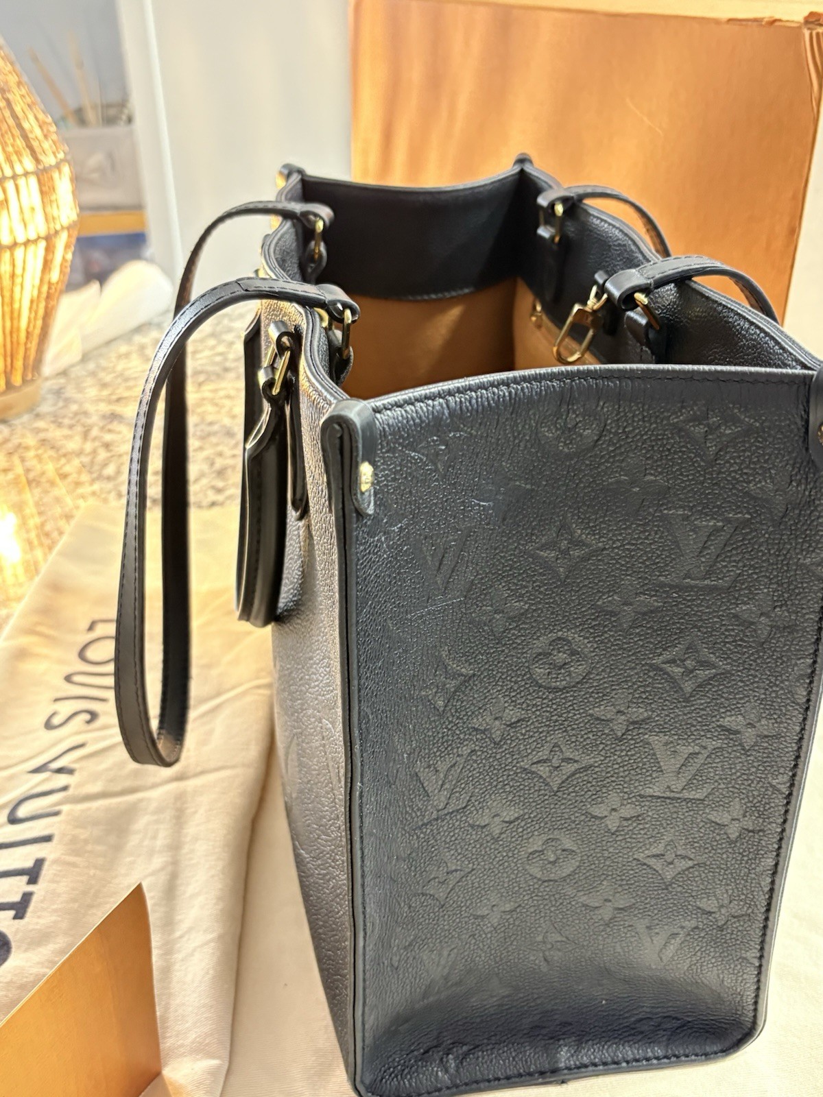 Louis Vuitton OnTheGo MM Black Monogram Embossed Large Tote w/ Dust Bag Box Card