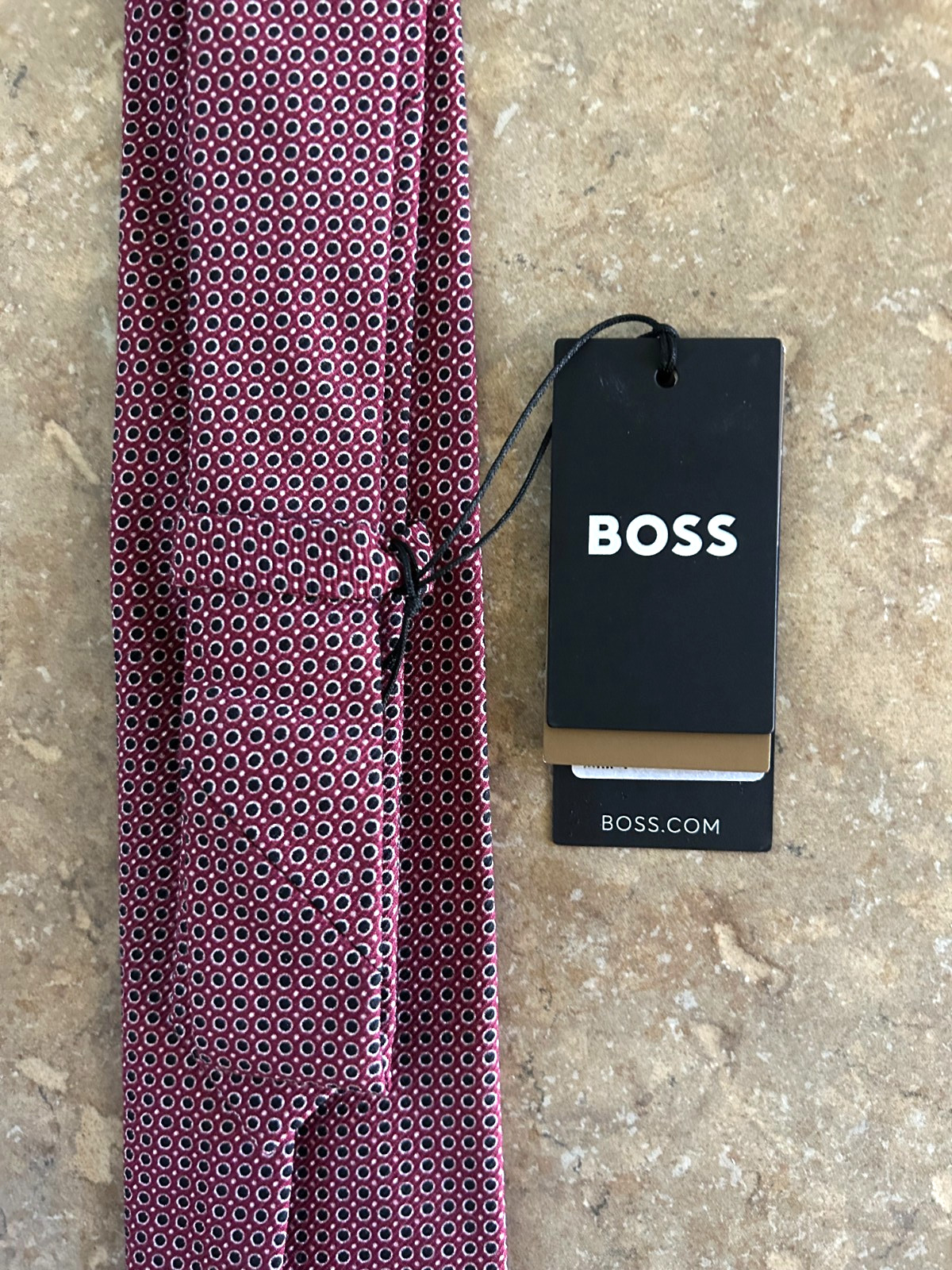 Hugo Boss Cotton Blend Mens Tie Necktie Dark Red wCircles Made in Italy $118 NWT