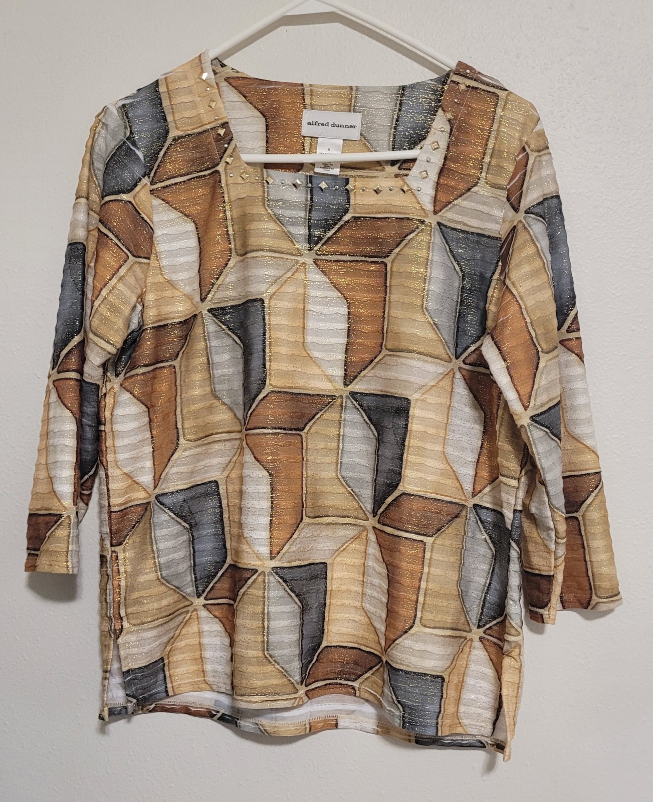 Alfred Dunner Size S Women’s Art Deco Geometric Square Neck Blouse 3/4 Sleeves