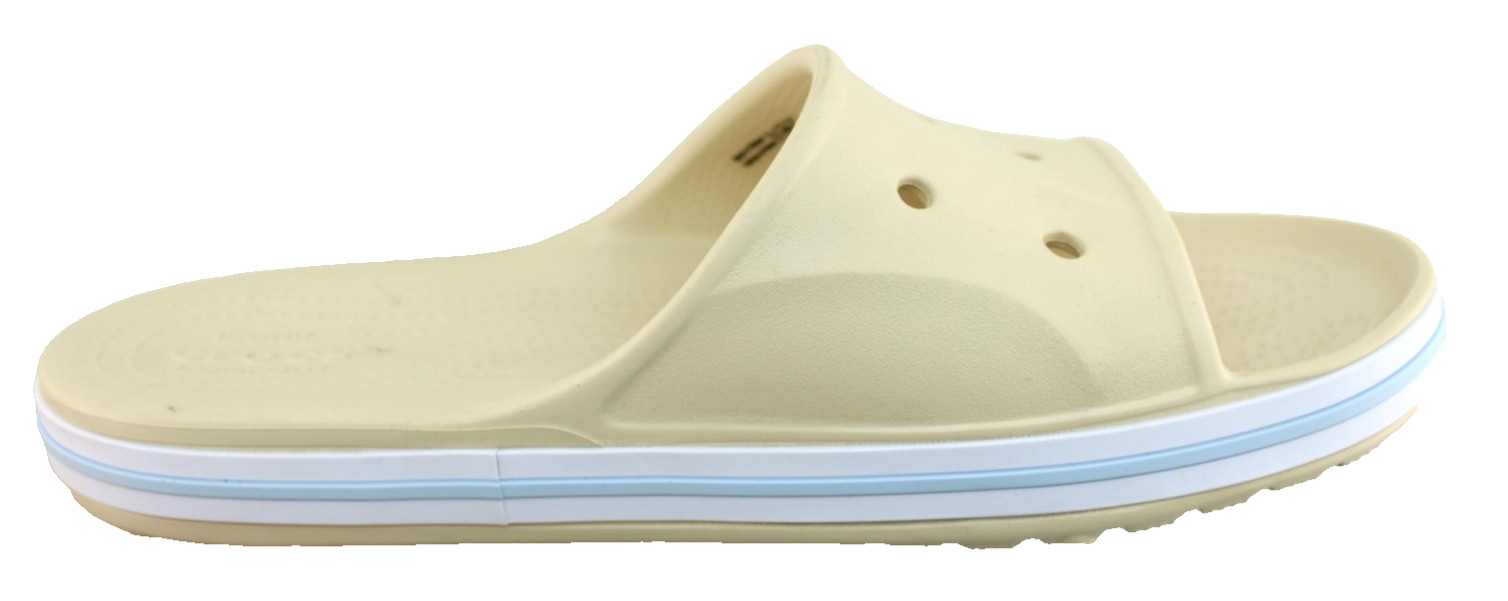 New CROCS Women’s 6 Bayaband Vanilla Cream /Blue Raised Crocs Logo Slide Sandals