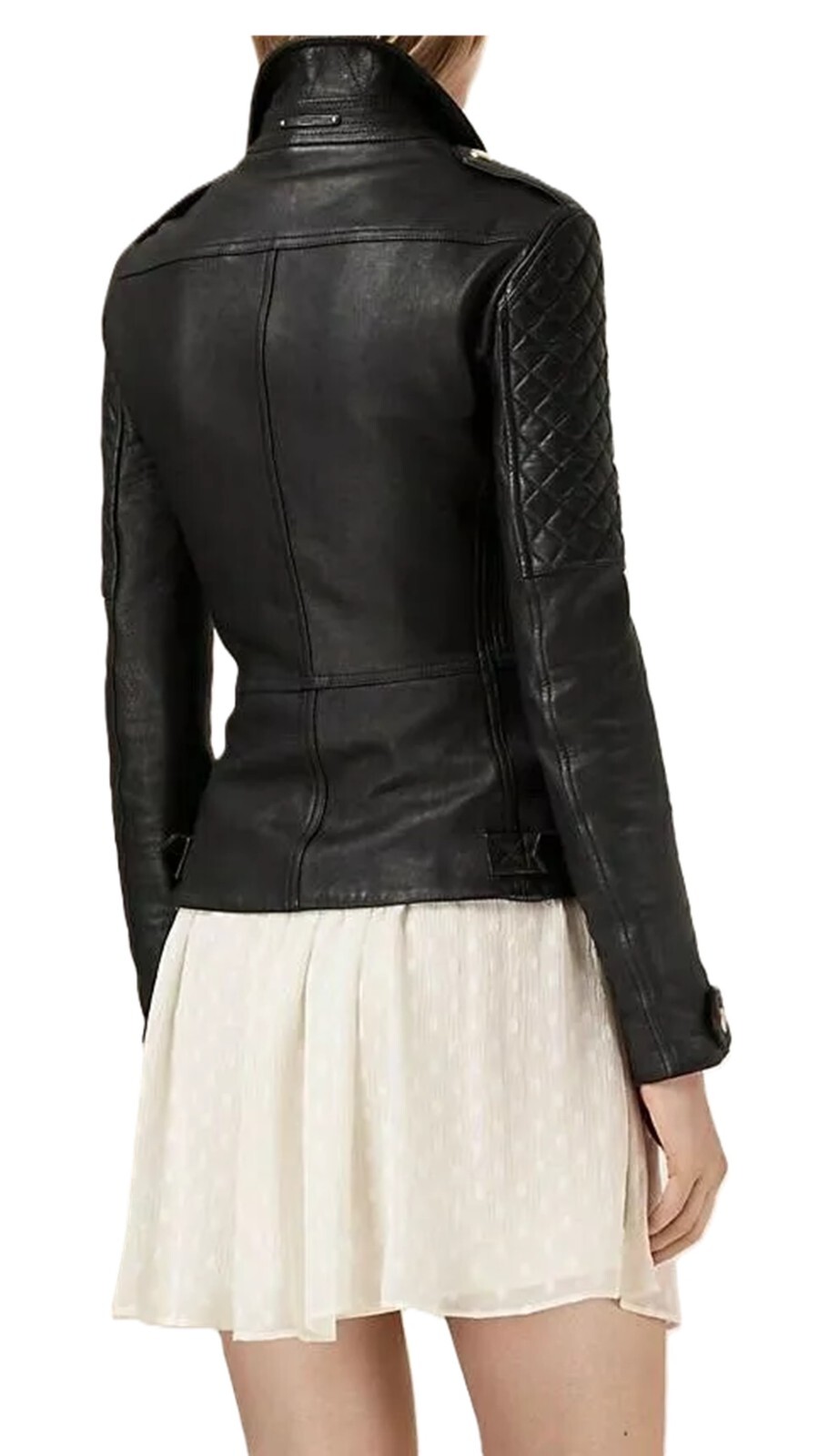Black Motorcycle Jacket For Women Real Leather Biker Jacket- Gold Zippers & Accs