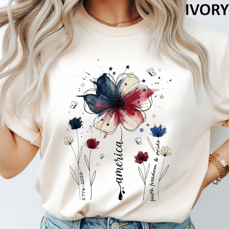 Comfort Colors Patriotic Boho Floral T-Shirt American Wildflower July 4th Tee