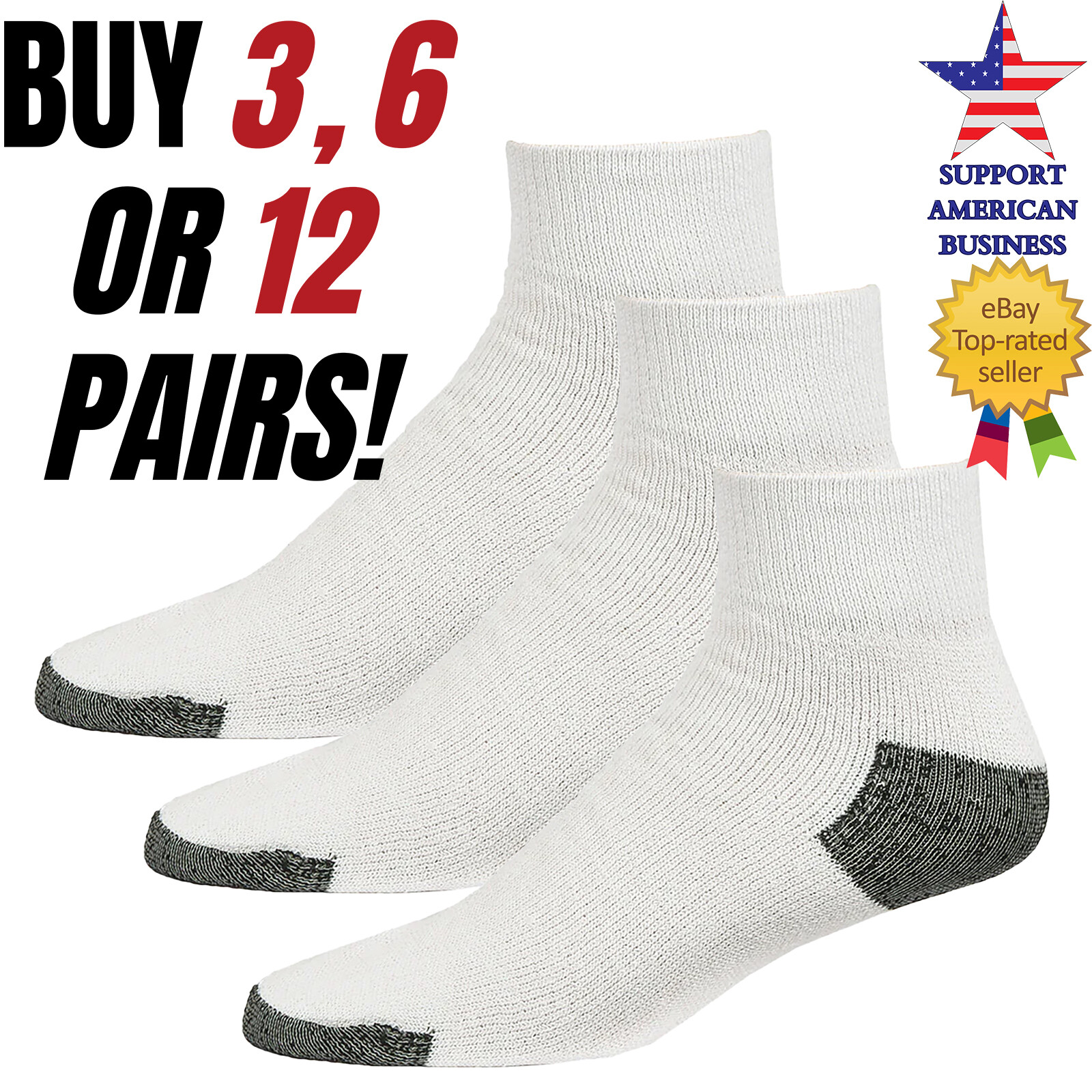 Mens Cotton White Quarter Socks Crew Ankle Sports Sock Size 9-11 10-13 Pack