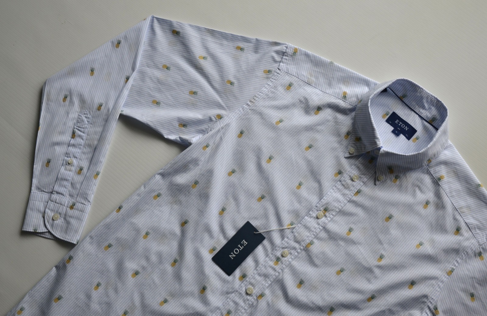 NEW ETON SLIM men’s shirt men’s shirt size 44/17.5″ striped/pineapple pattern Blue