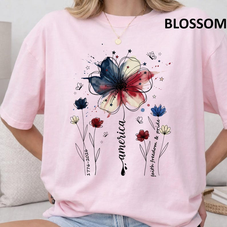 Comfort Colors Patriotic Boho Floral T-Shirt American Wildflower July 4th Tee