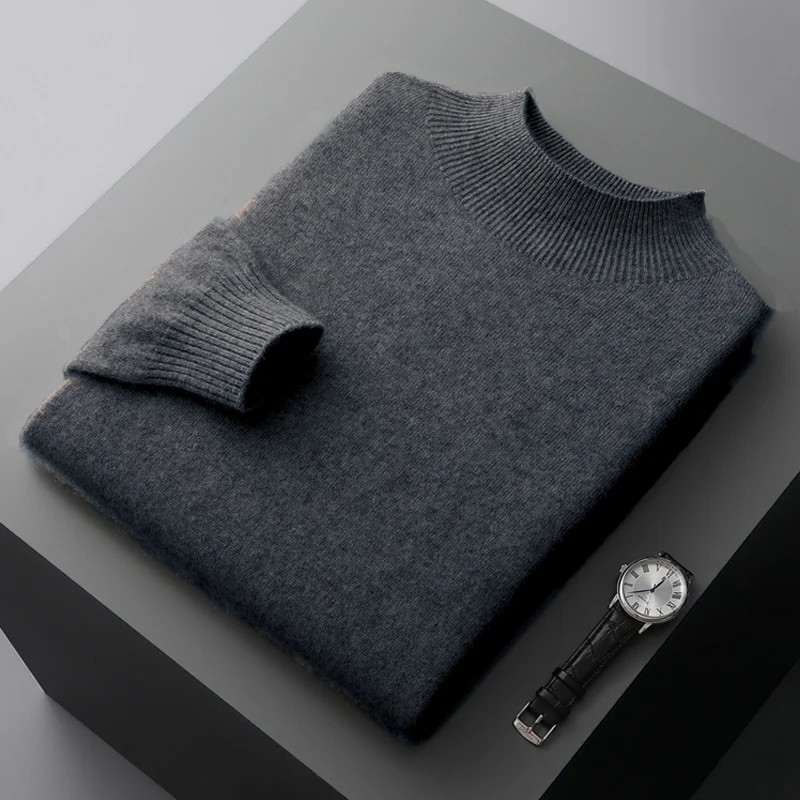 Autumn Winter Men’s Wool Pullover Basic Mock Neck Sweater Soft Warm Cashmere Jum