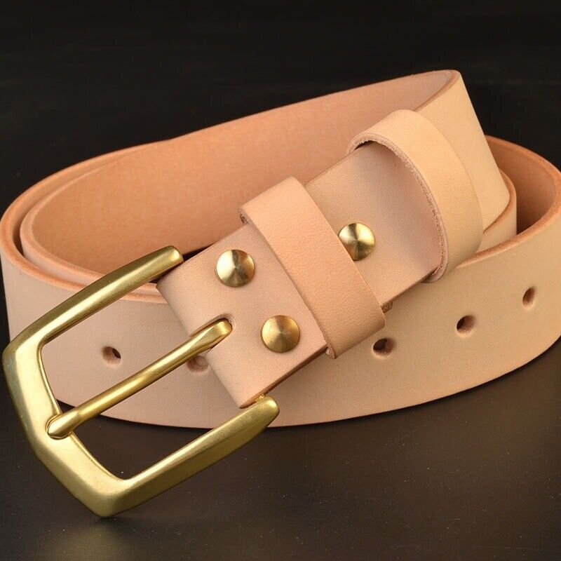 Hand Craft Custom Made Vegetable Tanned Leather Cowhide Belt Brass Buckle 38mm
