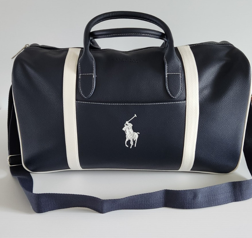 Ralph Lauren Fragrances POLO Navy Blue White Faux Leather Travel Duffle Bag NWT