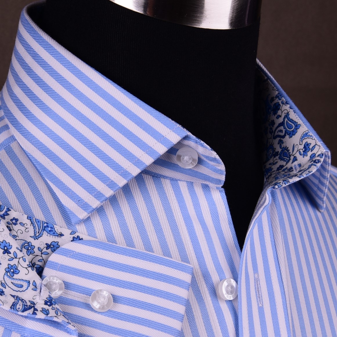 Mens Blue Formal & Business Dress Shirt Herringbone Twill Striped Floral Paisley