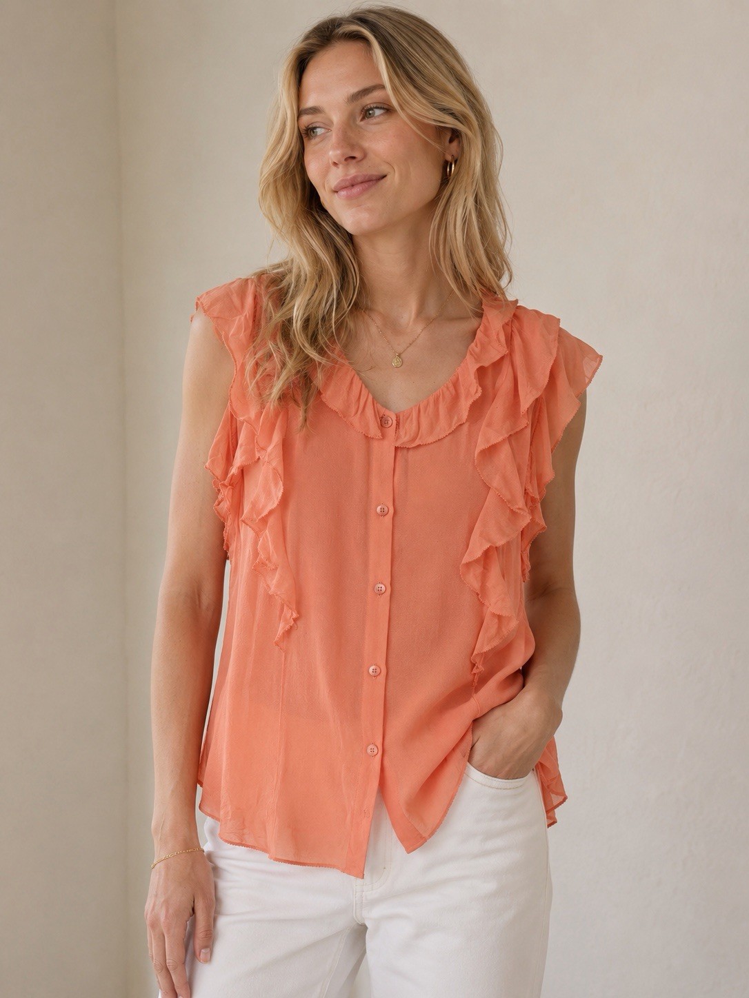 Babaton Aritzia 100% Silk Chiffon Ruffled Top Shirt V-Neck Sleeveless Pink Sz S
