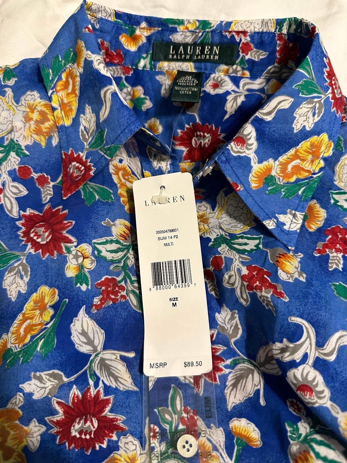 NWT Lauren Ralph Laren 100% Cotton Floral Button up 3/4 sleeve shirt Medium