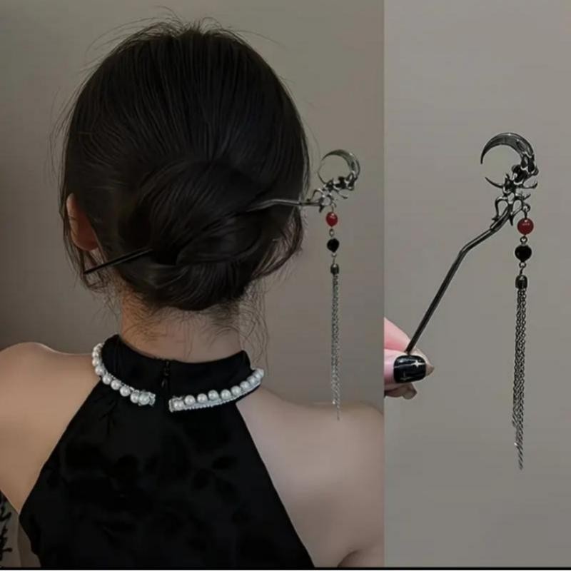 Retro Style Gray & Khaki Crescent Moon Chinese Hairpin Size 17 Cm