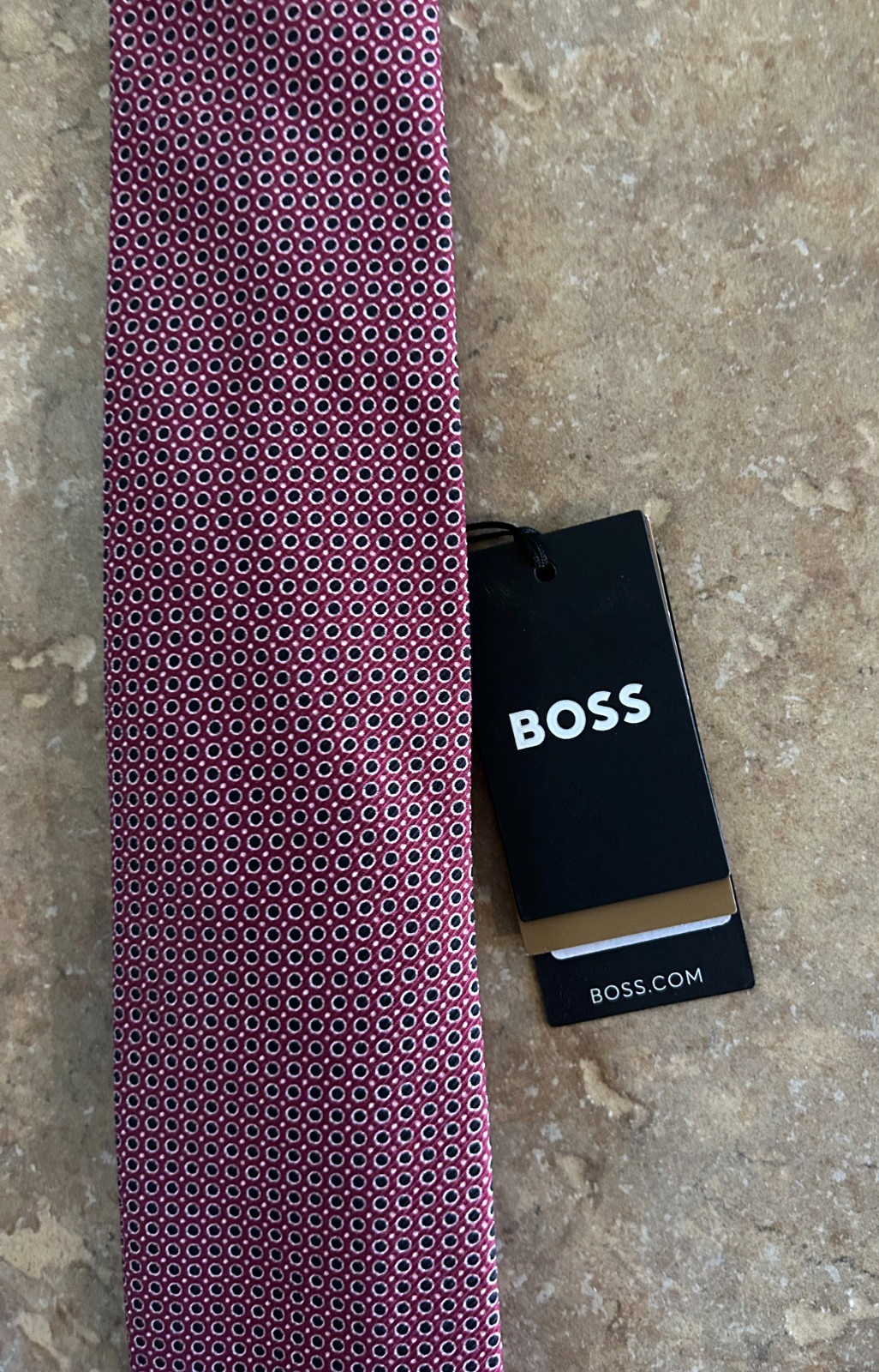 Hugo Boss Cotton Blend Mens Tie Necktie Dark Red wCircles Made in Italy $118 NWT