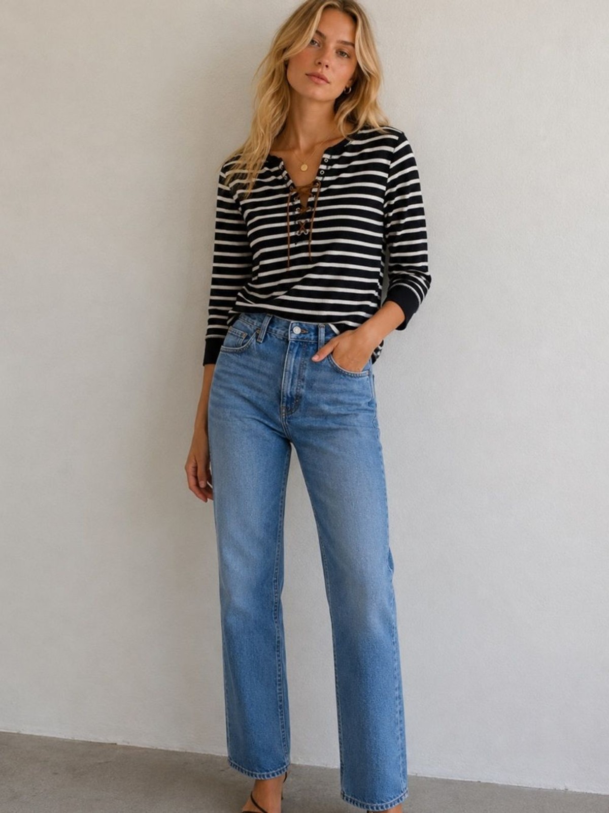 Lauren Ralph Lauren Striped Lace-Up Top Womens Black White Nautical – Medium