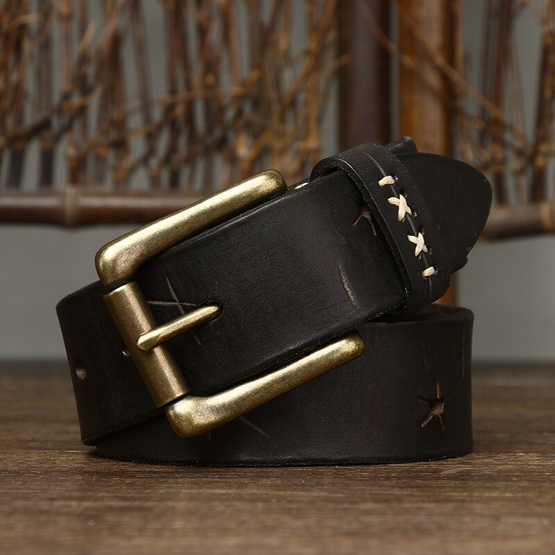 3.8CM Men High Quality Genuine Leather Belt Pin Buckle Cowskin Vintage Strap
