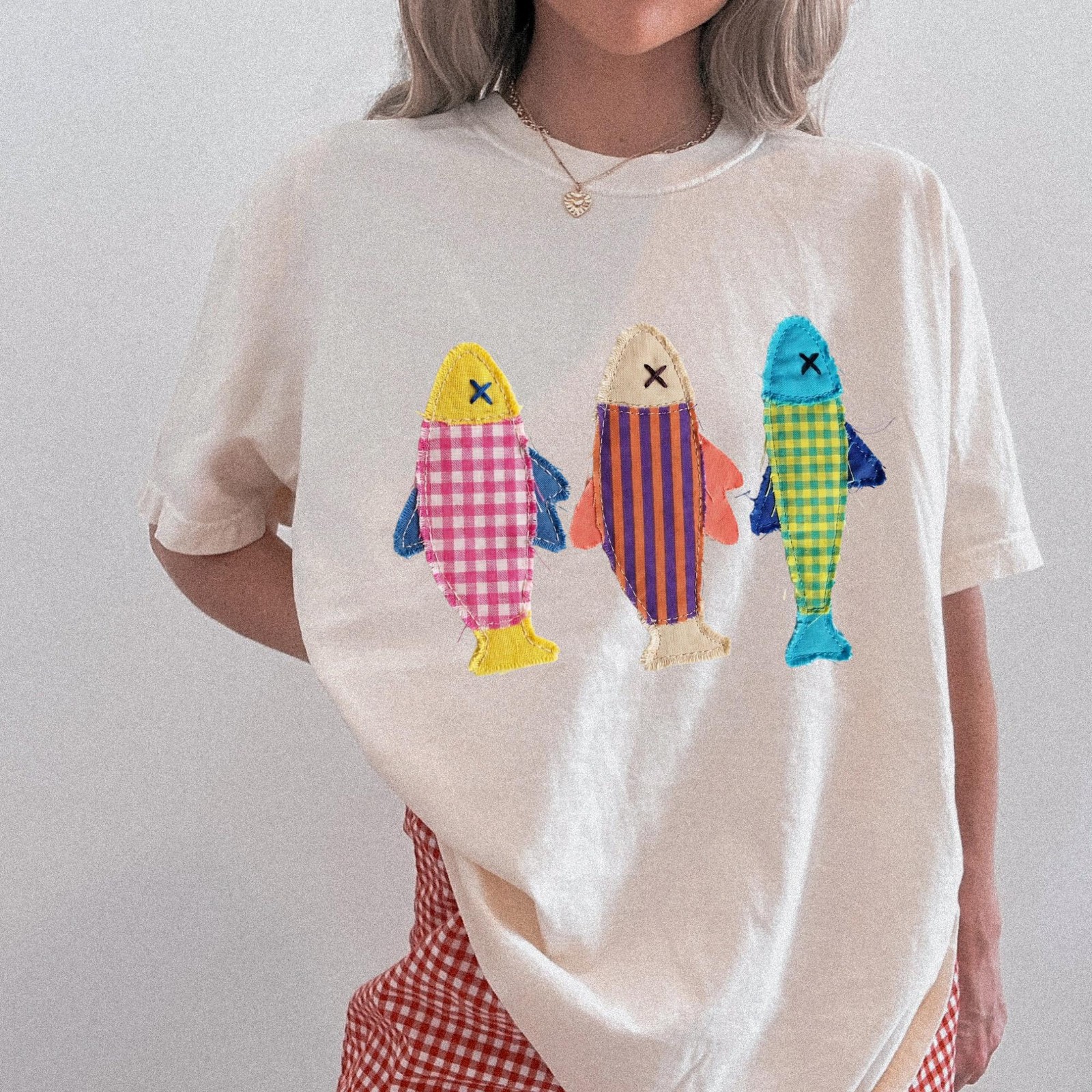 Summer Fish Graphic Tee, Printed Patchwork Sardine Beach Shirt Unisex