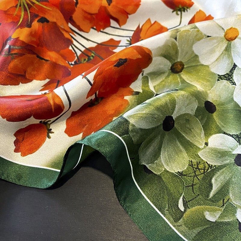 100% Silk Mulberry Neckerchief Women Orange Flower Vintage 27″ Square Scarf Wrap
