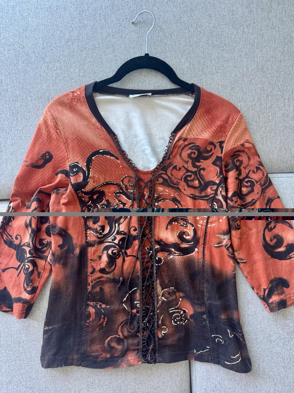 Maternity Women’s M Abstract Orange Brown Black V-Neck Lace-Up 3/4