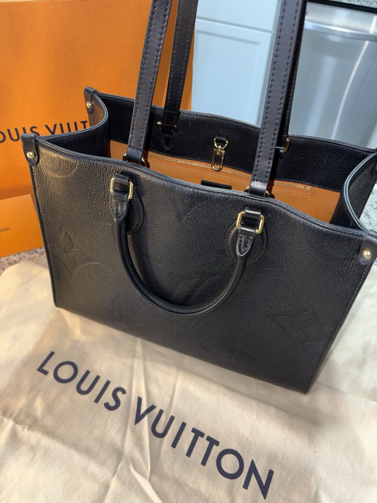 Louis Vuitton OnTheGo MM Black Monogram Embossed Large Tote w/ Dust Bag Box Card