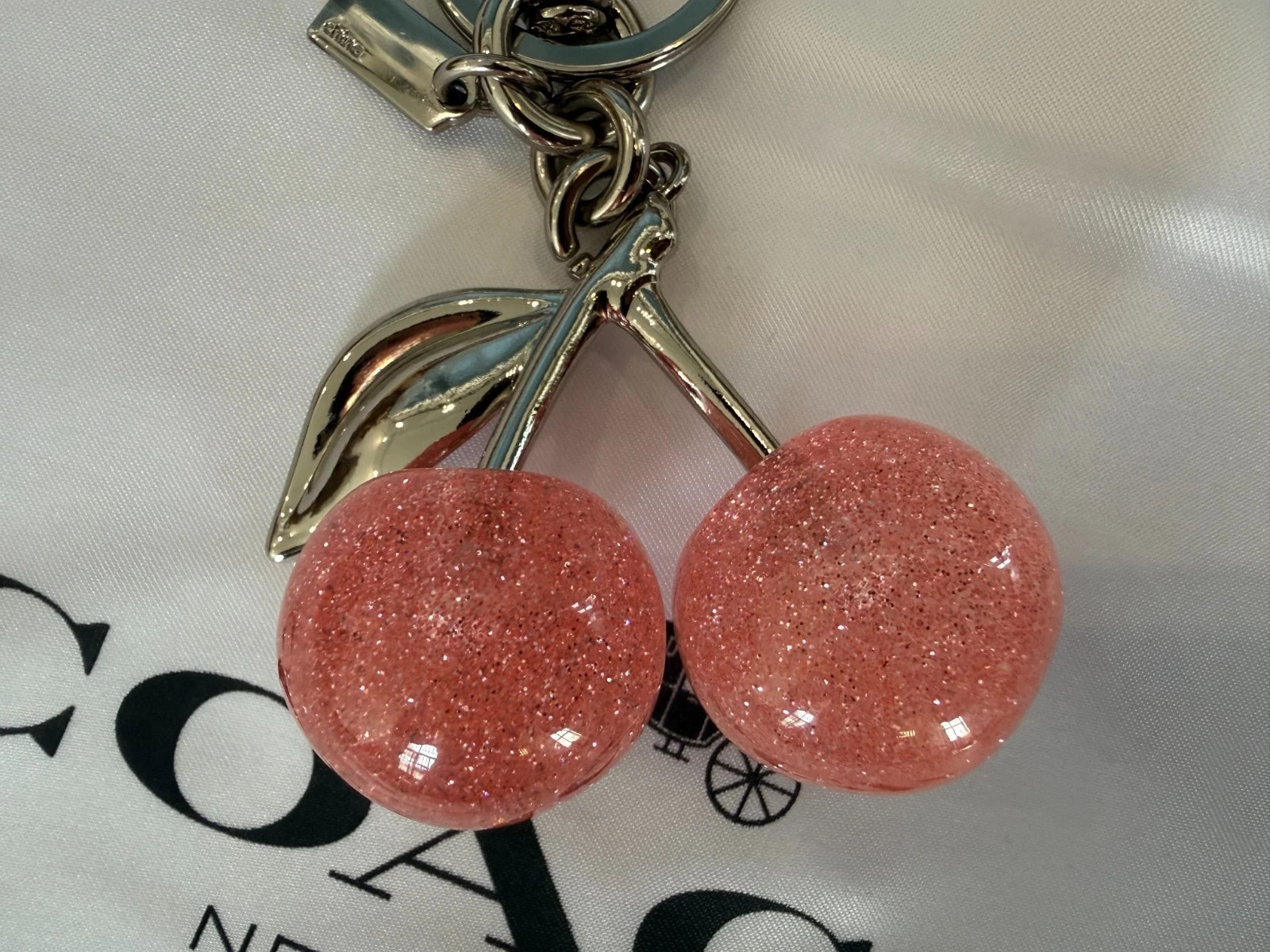Coach Pink Cherry Apple Bag Charm Keychain Resin Metal Brass Purse Decoration