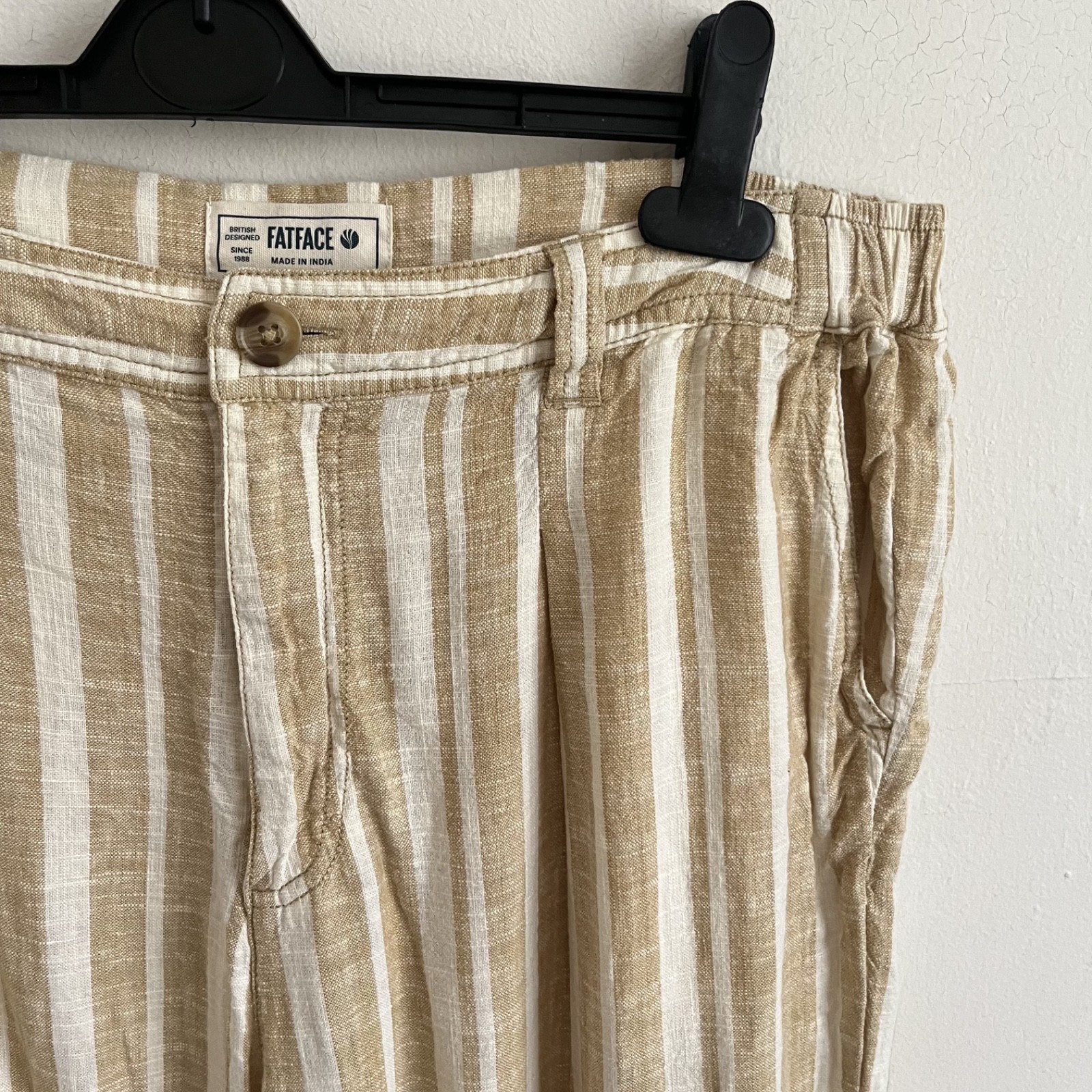 Fat Face Natural Tan Stripe Soft Linen Blend Wide Leg Trousers – Size UK 14 S