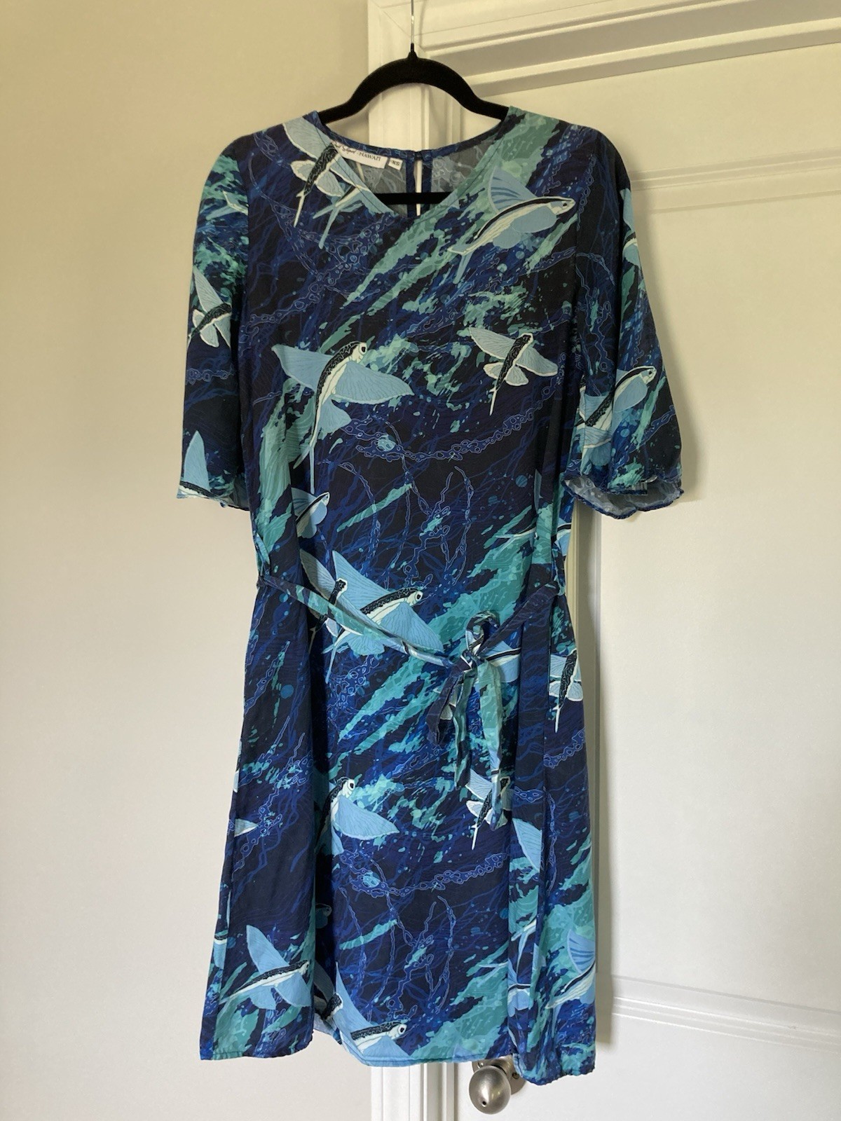 David Shepard Hawaii Dress Ocean Fish Design Tie Waist Size Small Resort Cruise