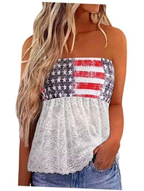 Womens American Flag Smocked Strapless Bandeau Tank Top Casual Medium As Show 6