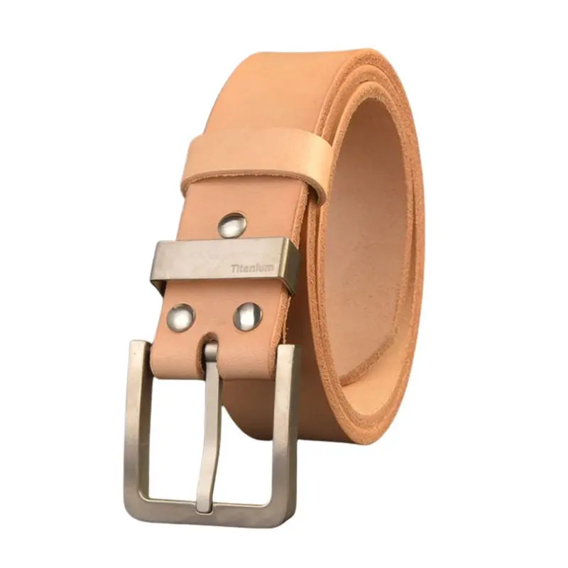 Mens 5.5mm Thick Vegetable Tanned Full Grain Leather Belt Titanium Buckle 3.8CM