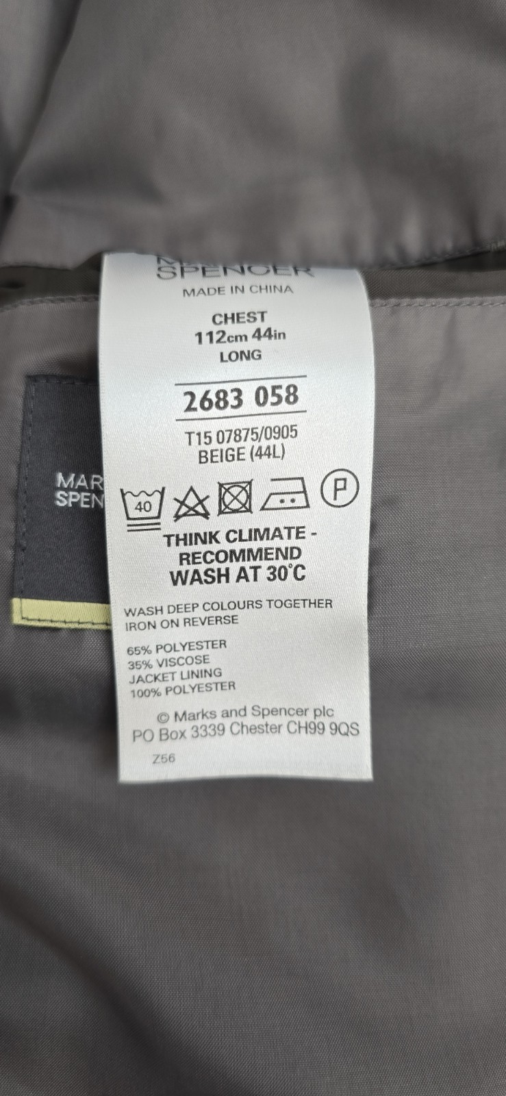 M&S Tailoring Single Breasted Jacket ‘Beige’ Machine Washable UK Chest 44″ Long