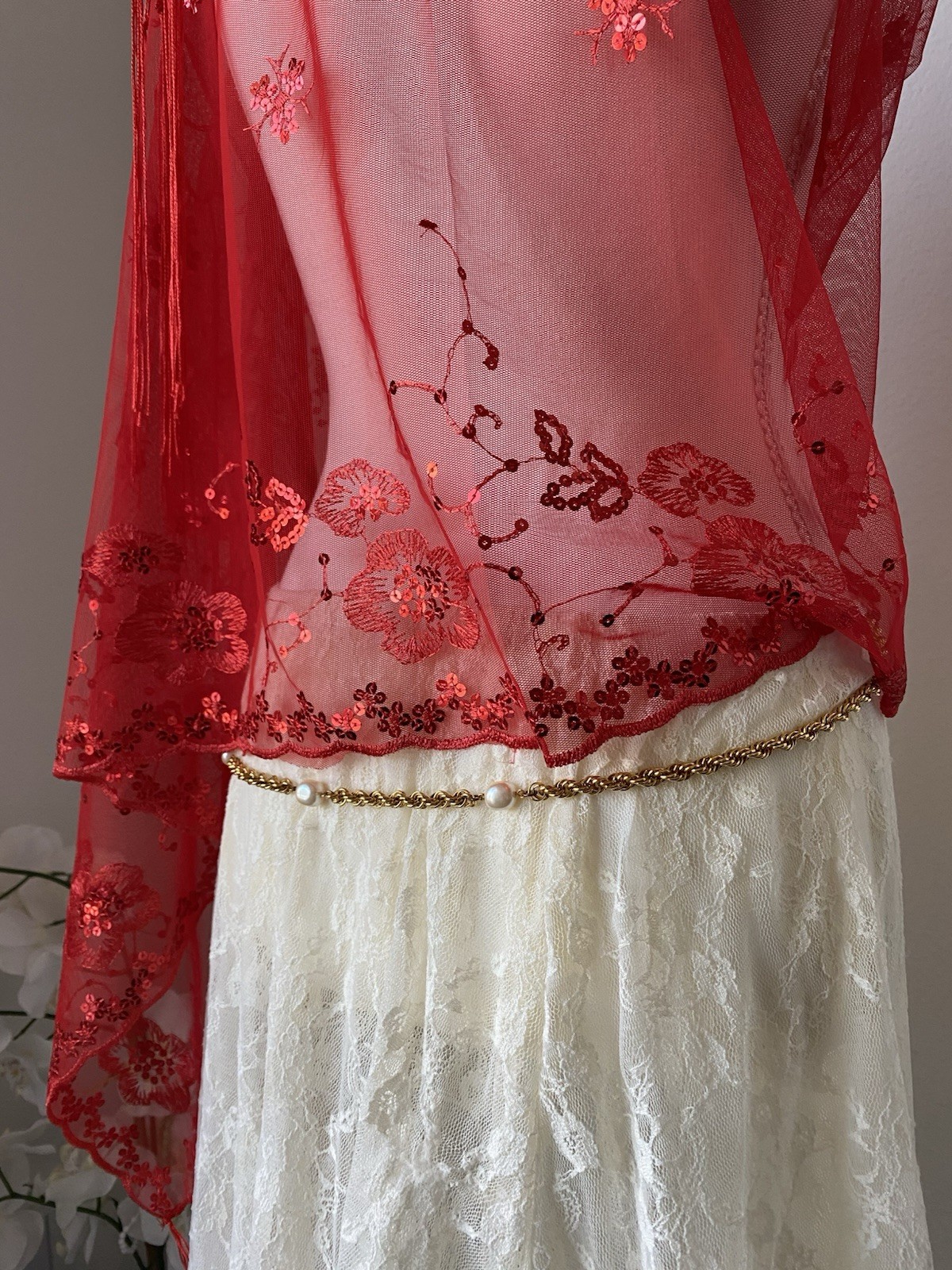 Red Mesh Sheer Shawl Floral Embroidered Sequin Fringe Women’s Scarf Whimsical